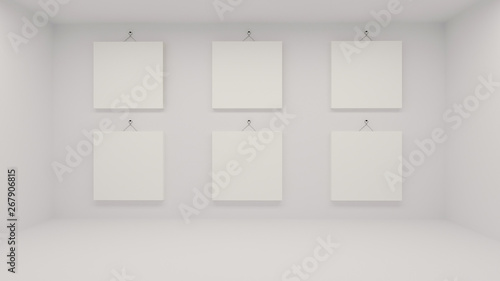 Three square white posters on display hanging from the wall in white room. 3d rendering mockup. Iustration