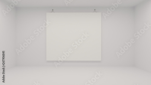 White poster in exhibition hanging on the wall in white room. 3d rendering mockup. Iustration
