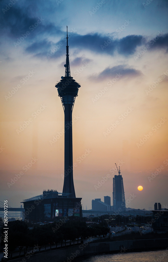 macau tower urban skyline in macao china at sunset