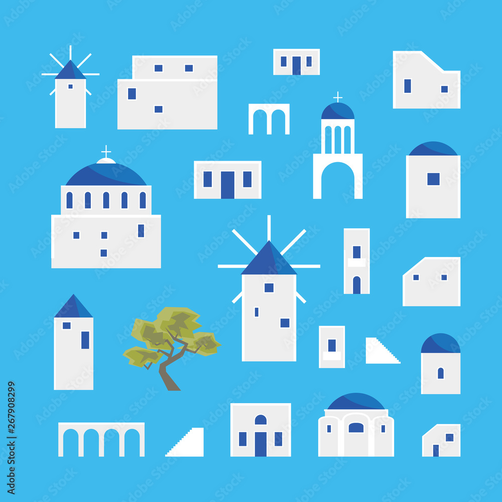 Cartoon Santorini Island Village Icon Set. Vector - obrazy, fototapety, plakaty 