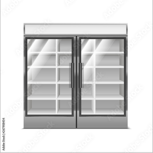 Realistic Detailed 3d Grey Supermarket Freezer. Vector