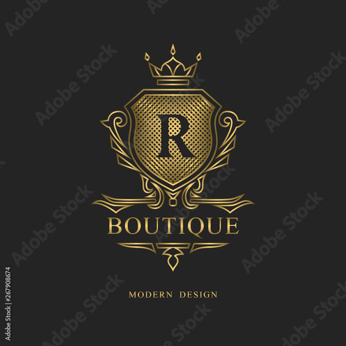 Royal monogram design. Luxury volumetric logo template. 3d line ornament. Emblem with letter R for Business sign, badge, crest, label, Boutique brand, Hotel, Restaurant, Heraldic. Vector illustration