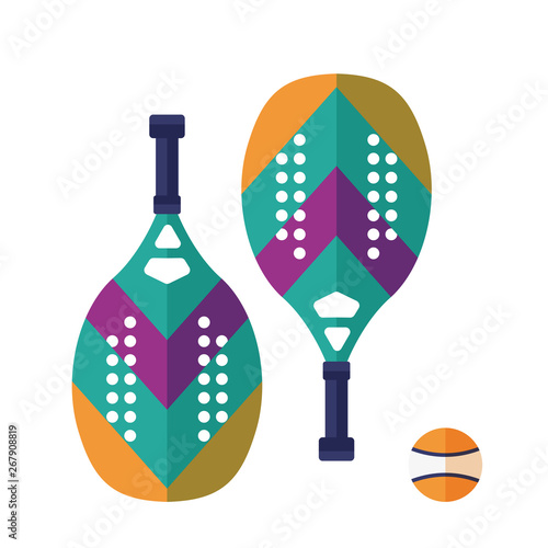 Beach and paddle tennis icons. Colorful rackets pair and ball isolated on white background. Summer beach sport and activities equipment in flat design.