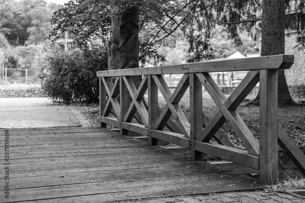 Wooden bridge Stream in the park. Perspective in architecture. Bridge with orange railing over the river. Rain in an empty park. Wet asphalt.
