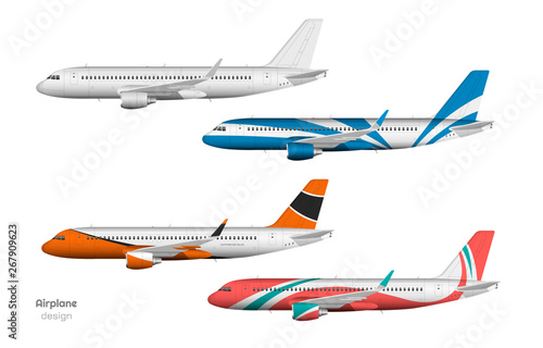Airplane design. Side view of plane. Aircraft 3d template. Jet mockup in realistic style. Isolated industrial blueprint.