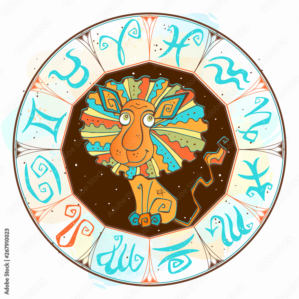 Naklejka premium Horoscope for children sign Leo in the zodiac circle. Vector.