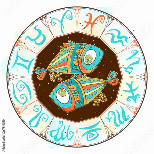 Horoscope for children sign Pisces in the zodiac circle. Vector.
