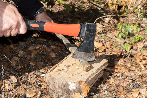 Close-up Man's Arms Cut Wooden Stick With An Ax