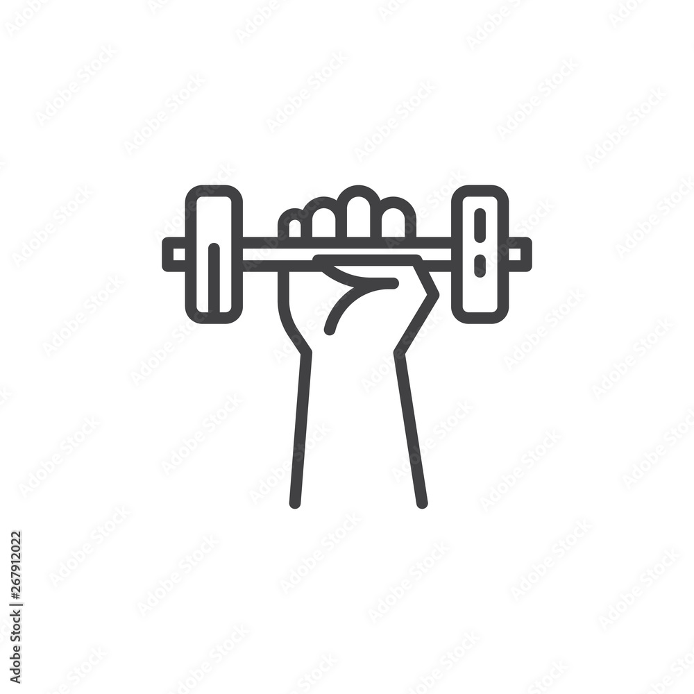 Hand with dumbbell line icon. linear style sign for mobile concept and web design. Hand holding gym barbell outline vector icon. Sport symbol, logo illustration. Pixel perfect vector graphics Hand with dumbbell line icon. linear style sign for mobile concept and web design. Hand holding gym barbell outline vector icon. Sport symbol, logo illustration. Pixel perfect vector graphics
