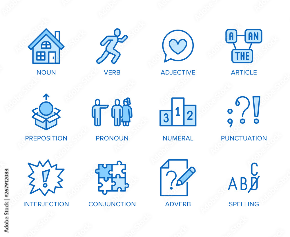 Grammar, education flat line icons set. Parts of speech verb, preposition,  pronoun, adjective, interjection vector illustrations. Thin signs for  english learning. Pixel perfect 64x64 Editable Strokes Stock Vector