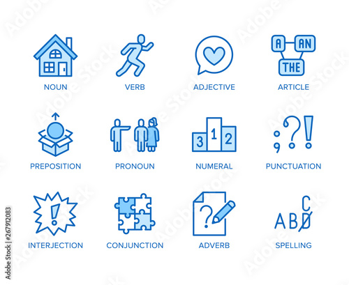 Grammar, education flat line icons set. Parts of speech verb, preposition, pronoun, adjective, interjection vector illustrations. Thin signs for english learning. Pixel perfect 64x64 Editable Strokes