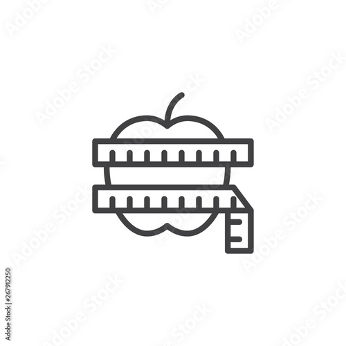 Apple with measuring tape line icon. linear style sign for mobile concept and web design. Weight loss outline vector icon. Diet symbol, logo illustration. Pixel perfect vector graphics