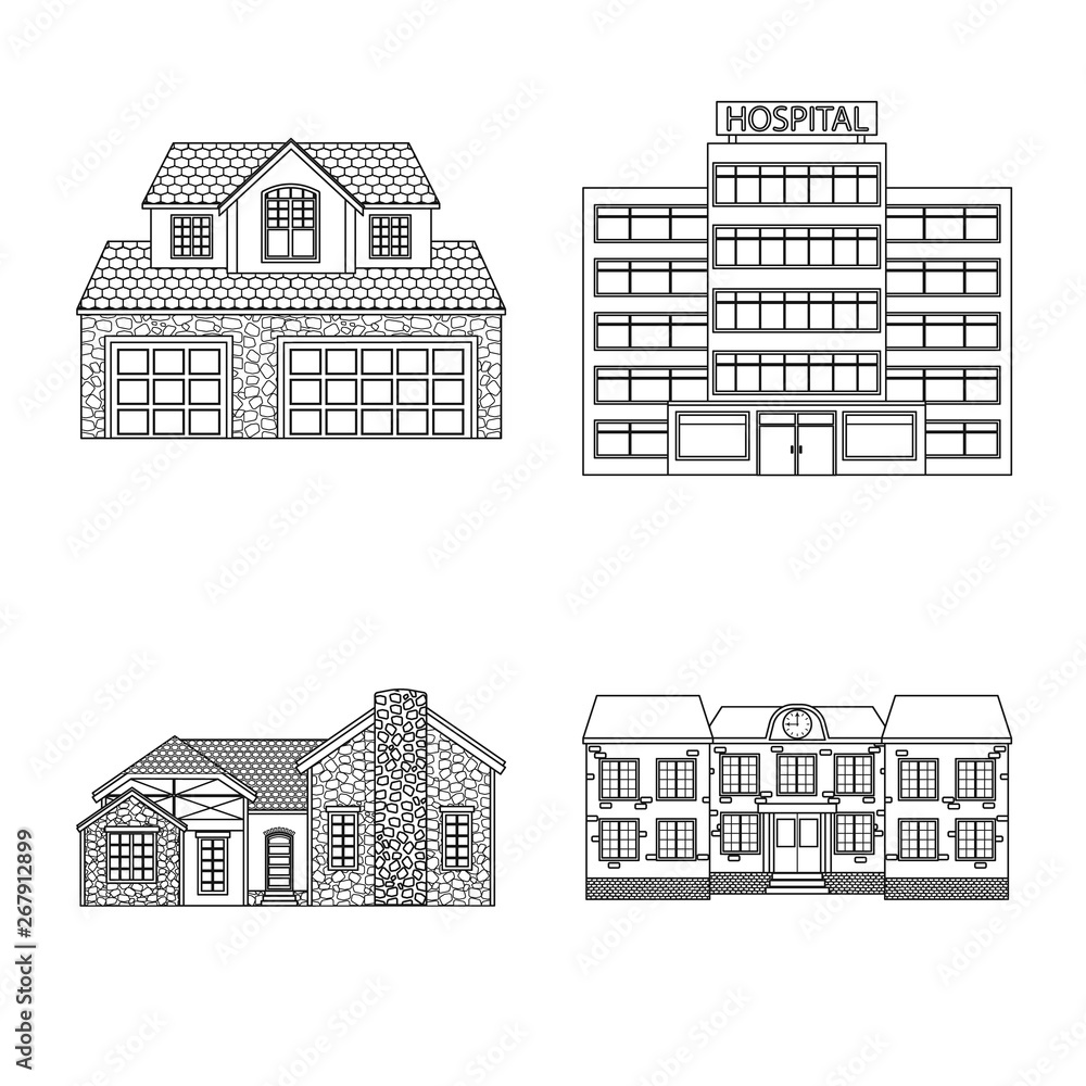 Vector design of building and front sign. Set of building and roof vector icon for stock.