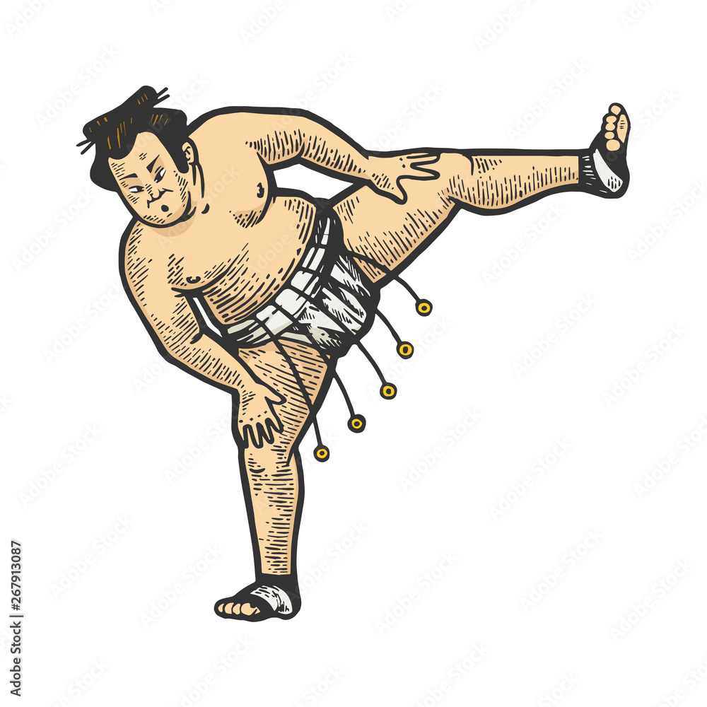 Fototapeta premium Sumo japanese wrestler sportsman color sketch engraving vector illustration. Scratch board style imitation. Black and white hand drawn image.