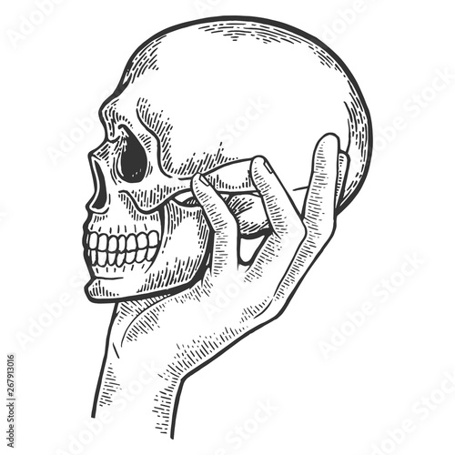 Human skull in hand sketch engraving vector illustration. Scratch board style imitation. Black and white hand drawn image.