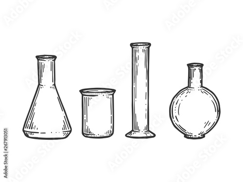 Chemical laboratory flasks sketch engraving vector illustration. Scratch board style imitation. Black and white hand drawn image.
