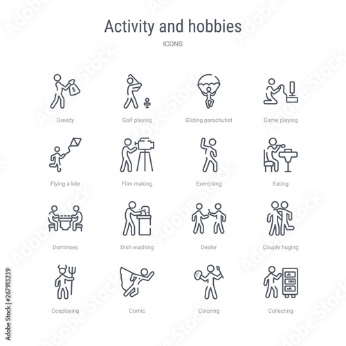 set of 16 activity and hobbies concept vector line icons such as collecting, coloring, comic, cosplaying, couple huging, dealer, dish washing, dominoes. 64x64 thin stroke icons