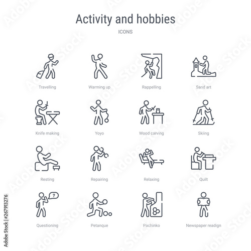 set of 16 activity and hobbies concept vector line icons such as newspaper readign, pachinko, petanque, questioning, quilt, relaxing, repairing, resting. 64x64 thin stroke icons