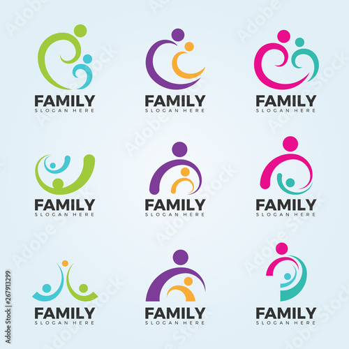 family logo sign concept with abstract line art modern vector set design