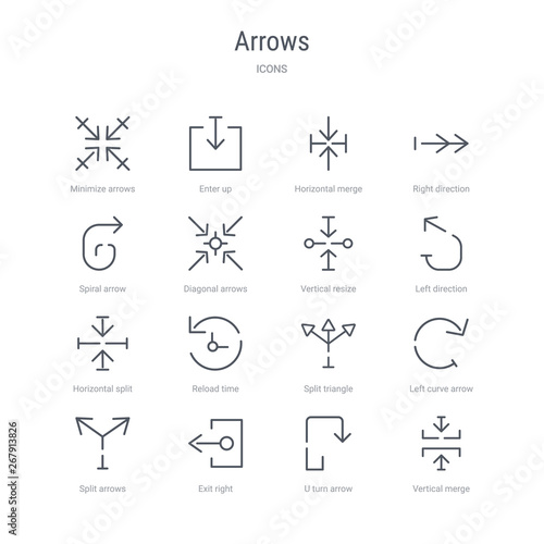set of 16 arrows concept vector line icons such as vertical merge, u turn arrow, exit right, split arrows, left curve arrow, split triangle, reload time, horizontal split. 64x64 thin stroke icons