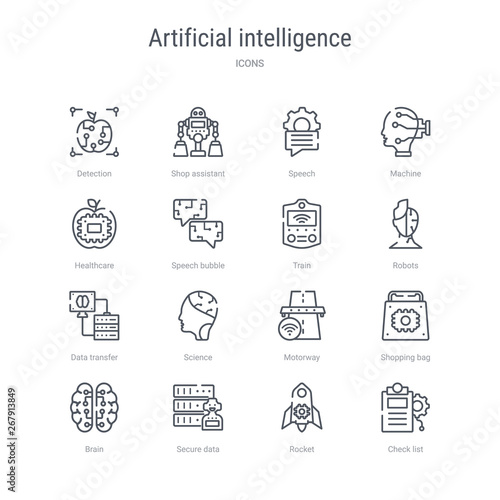 set of 16 artificial intelligence concept vector line icons such as check list, rocket, secure data, brain, shopping bag, motorway, science, data transfer. 64x64 thin stroke icons