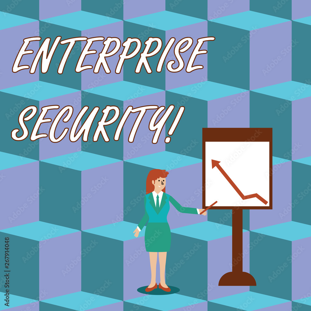 Handwriting text Enterprise Security. Conceptual photo decreasing the risk of unauthorized access to data Businesswoman Holding Stick Pointing to Chart of Arrow Upward on Whiteboard