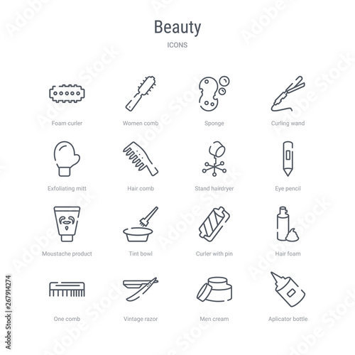 set of 16 beauty concept vector line icons such as aplicator bottle, men cream, vintage razor, one comb, hair foam, curler with pin, tint bowl, moustache product. 64x64 thin stroke icons