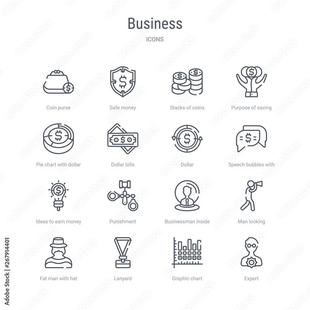 Fototapeta set of 16 business concept vector line icons such as expert, graphic chart, lanyard, fat man with hat and moustache, man looking, businessman inside a ball, punishment, ideas to earn money. 64x64