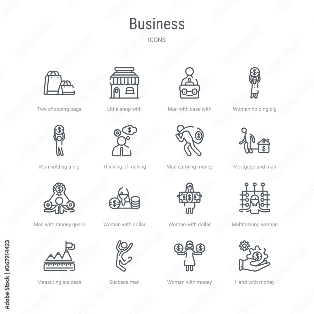 set of 16 business concept vector line icons such as hand with money gear, woman with money, success man, measuring success, multitasking woman, woman with dollar bill, dollar circle, man money set of 16 business concept vector line icons such as hand with money gear, woman with money, success man, measuring success, multitasking woman, woman with dollar bill, dollar circle, man money