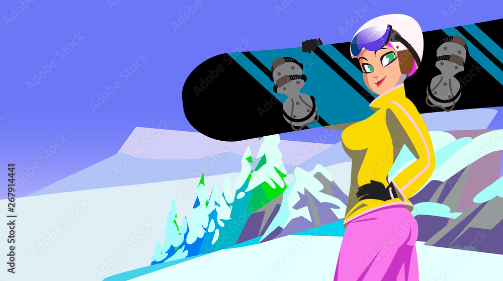 Winter recreation advertisement poster design. Cartoon style girl with snowboard on mountain background.