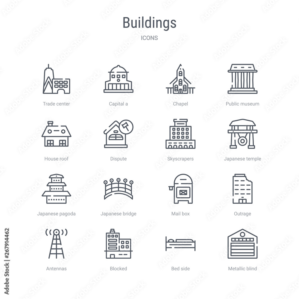 set of 16 buildings concept vector line icons such as metallic blind, bed side, blocked, antennas, outrage, mail box, japanese bridge, japanese pagoda. 64x64 thin stroke icons