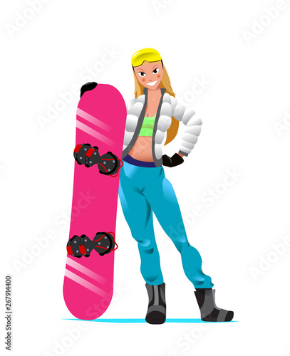 Vector illustration for snowboard resort poster design with cartoon girl on white background.