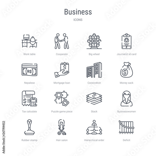 set of 16 business concept vector line icons such as deficit, hierarchical order, hair salon, rubber stamp, businesswomen, stack, puzzle game piece, tax calculate. 64x64 thin stroke icons