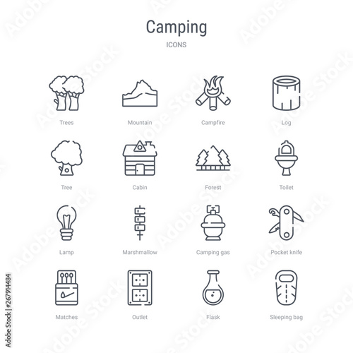set of 16 camping concept vector line icons such as sleeping bag, flask, outlet, matches, pocket knife, camping gas, marshmallow, lamp. 64x64 thin stroke icons