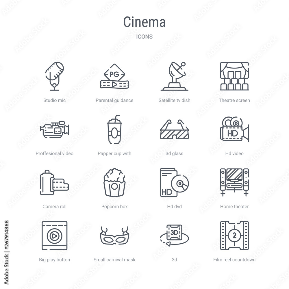 set of 16 cinema concept vector line icons such as film reel countdown number 2, 3d, small carnival mask, big play button, home theater, hd dvd, popcorn box, camera roll. 64x64 thin stroke icons set of 16 cinema concept vector line icons such as film reel countdown number 2, 3d, small carnival mask, big play button, home theater, hd dvd, popcorn box, camera roll. 64x64 thin stroke icons