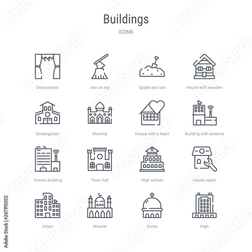 set of 16 buildings concept vector line icons such as high, dome, minaret, urban, house repair, high school, town hall, towers building transmission. 64x64 thin stroke icons