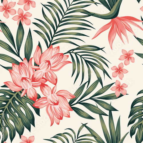 Tropical composition leaves flowers white background seamless
