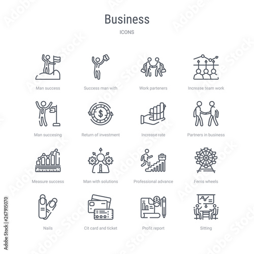 set of 16 business concept vector line icons such as sitting, profit report, cit card and ticket, nails, ferris wheels, professional advance, man with solutions, measure success. 64x64 thin stroke