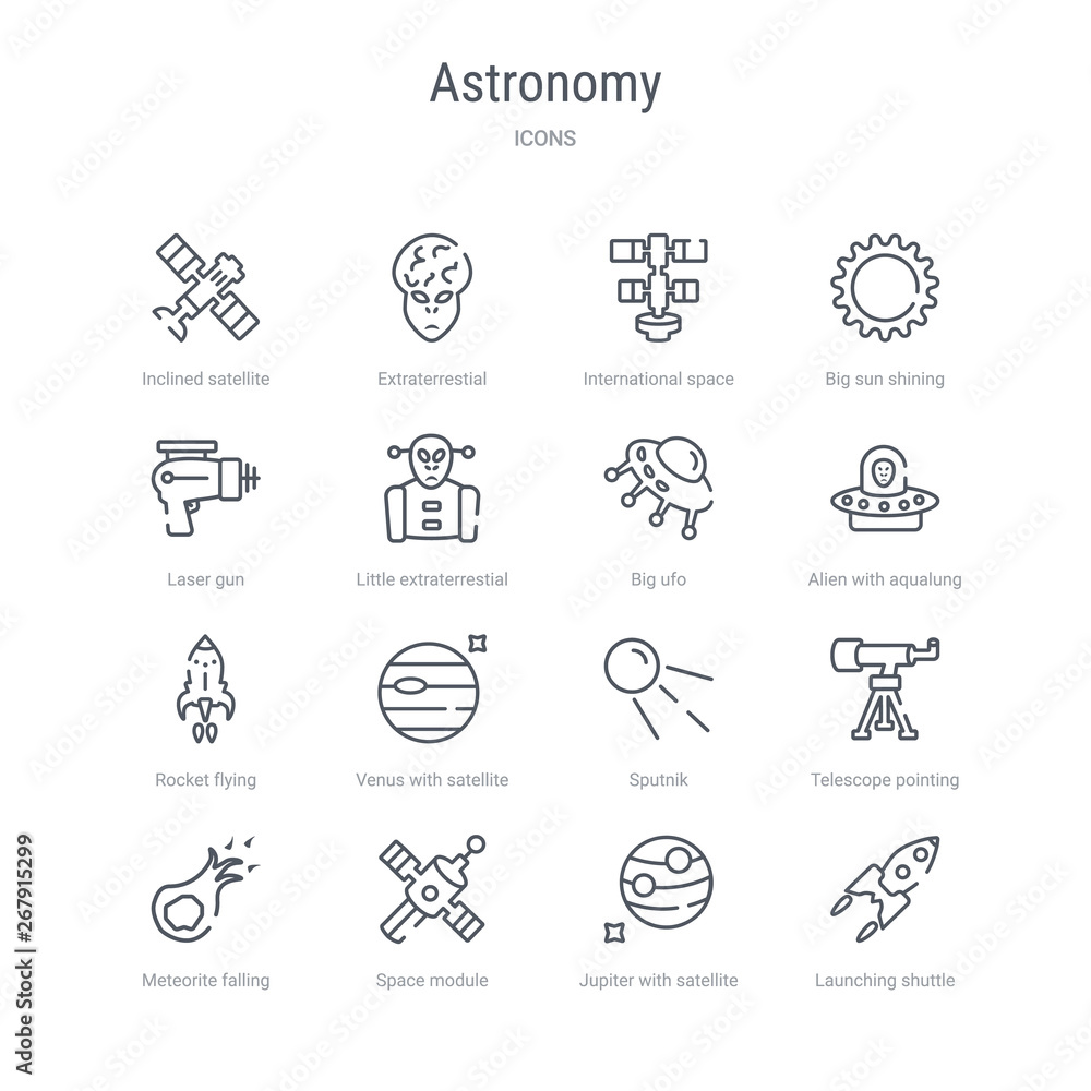 set of 16 astronomy concept vector line icons such as launching shuttle, jupiter with satellite, space module, meteorite falling, telescope pointing up, sputnik, venus with satellite, rocket flying.