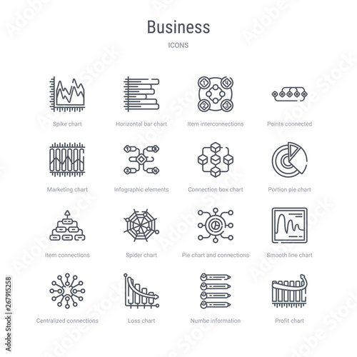 set of 16 business concept vector line icons such as profit chart, numbe information, loss chart, centralized connections, smooth line chart, pie and connections, spider item connections. 64x64 thin