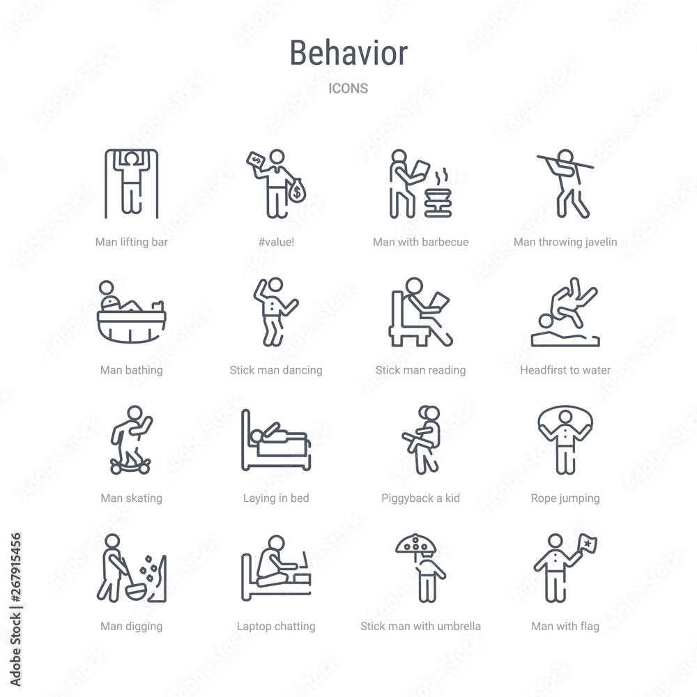 set of 16 behavior concept vector line icons such as man with flag, stick man with umbrella, laptop chatting on bed, man digging, rope jumping, piggyback a kid, laying in bed, skating. 64x64 thin
