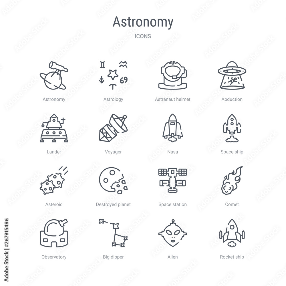 set of 16 astronomy concept vector line icons such as rocket ship, alien, big dipper, observatory, comet, space station, destroyed planet, asteroid. 64x64 thin stroke icons