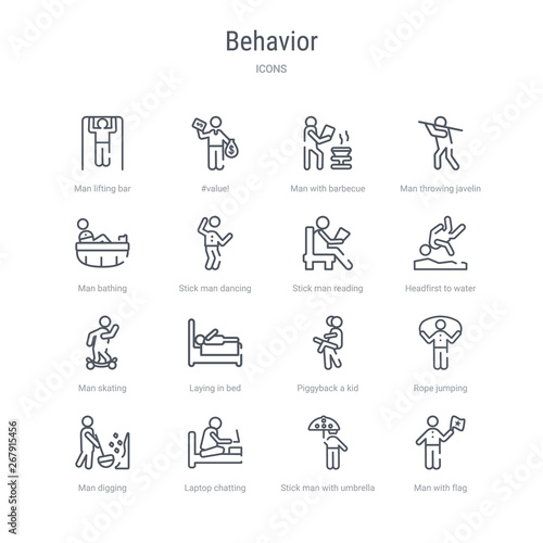 set of 16 behavior concept vector line icons such as man with flag, stick man with umbrella, laptop chatting on bed, man digging, rope jumping, piggyback a kid, laying in bed, skating. 64x64 thin