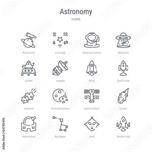 set of 16 astronomy concept vector line icons such as rocket ship, alien, big dipper, observatory, comet, space station, destroyed planet, asteroid. 64x64 thin stroke icons
