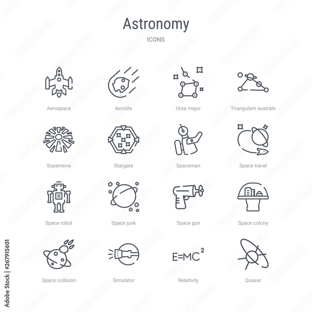 set of 16 astronomy concept vector line icons such as quasar, relativity, simulator, space collision, space colony, space gun, junk, robot. 64x64 thin stroke icons
