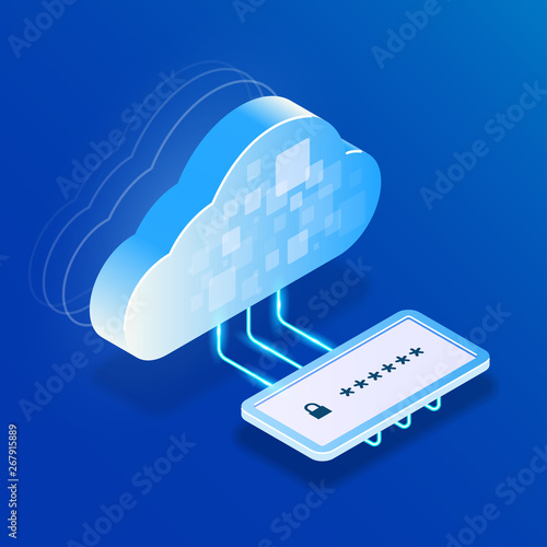 Safety cloud storage or computing. data access after entering a personal password. Vector isometric 3d flat illustration. Isolated on blue background.