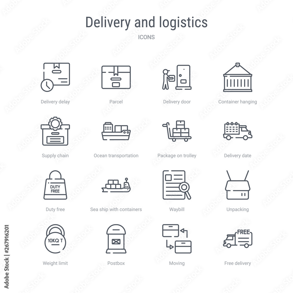 set of 16 delivery and logistics concept vector line icons such as free delivery, moving, postbox, weight limit, unpacking, waybill, sea ship with containers, duty free. 64x64 thin stroke icons set of 16 delivery and logistics concept vector line icons such as free delivery, moving, postbox, weight limit, unpacking, waybill, sea ship with containers, duty free. 64x64 thin stroke icons