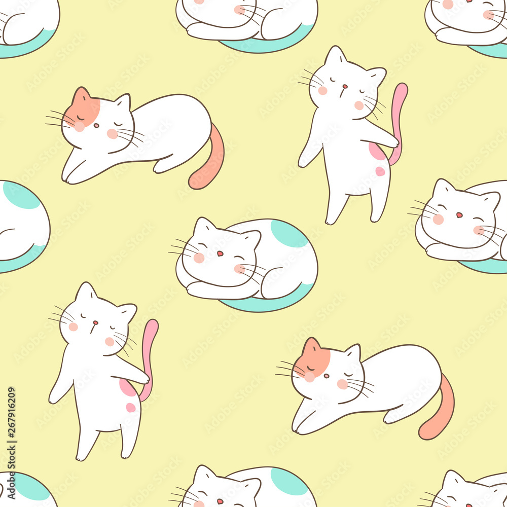 Seamless pattern cute cat on yellow pastel.