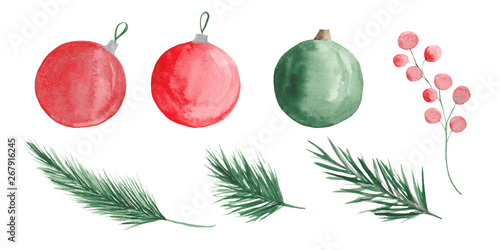  Watercolor Christmas set with branches of a Christmas tree, balls, sweets, a mitten and a sock for gifts. Christmas wreath.