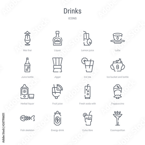 set of 16 drinks concept vector line icons such as cosmopolitan, cuba libre, energy drink, fish skeleton, frappuccino, fresh soda with lemon slice and straw, fruit juice, herbal liquor. 64x64 thin